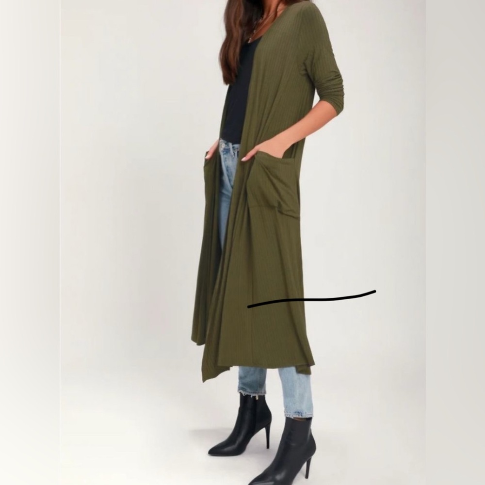 NWOT Lulus | Brody Olive Green Ribbed Maxi Long Duster Cardigan - Picture 2 of 8